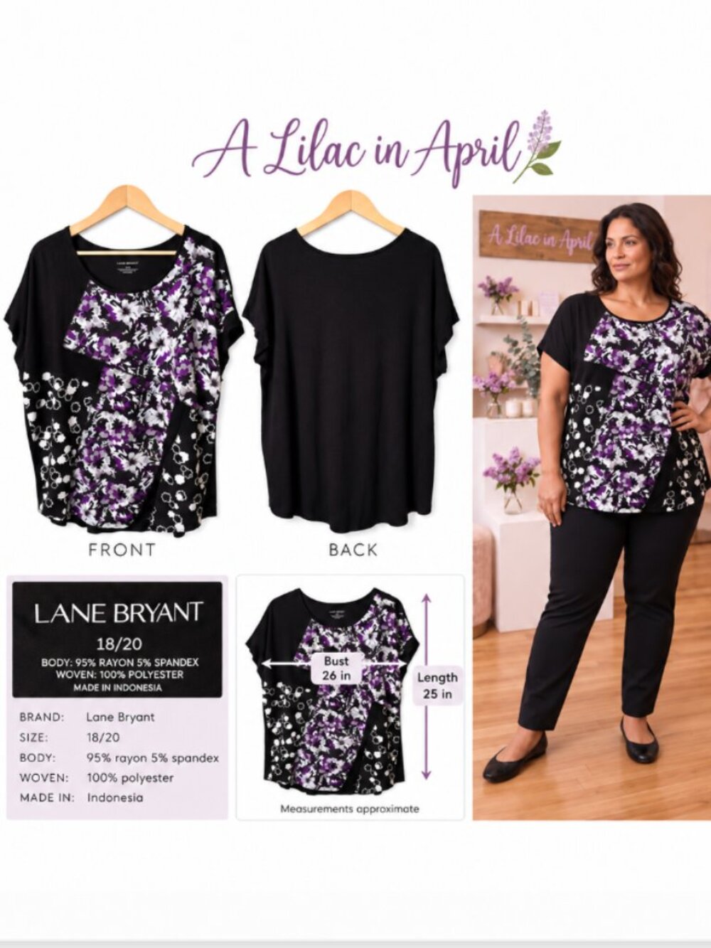 Lane Bryant Size 18/20 Black Purple Floral Short Sleeve Top